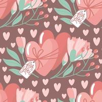 Hand-drawn seamless pattern with flowers and hearts. Creative stylish background for Valentine Day. Colourful floral illustration for paper and gift wrap. Fabric print modern design. vector