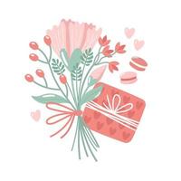 Vector illustration for Valentine day. A gift, sweets and bouquet on white background. Creative greeting card with hand-drawn decorative elements.