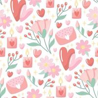 patrón transparente dibujado a mano con flores y corazones. fondo creativo y elegante para el día de san valentín. colorida ilustración floral para papel y papel de regalo. estampado de tela de diseño moderno. vector