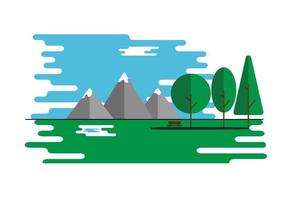 A bench on three trees and mountains in the garden. vector