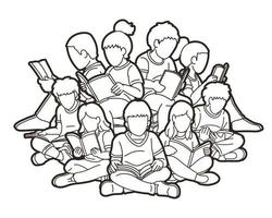 outline Group of Children Reading Books