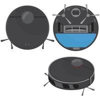 Robot vacuum cleaner black from different sides, color vector illustration isolated on a white background