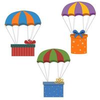 Gift decorated parachute gift box, color isolated vector illustration