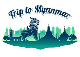 estilo de silueta, viajes y turismo de los principales lugares de interés de myanmar vector