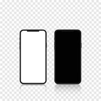 New realistic mobile black smartphone modern style with blank screen on transparent background. Realistic vector illustration.