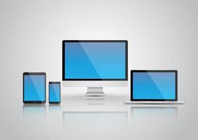 Modern devices mockups for your business projects. Set of laptop, desktop computer, tablet and smartphone with generic look
