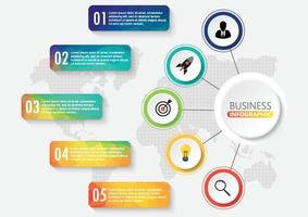 El vector de diseño de infografías y los iconos de marketing se pueden utilizar para el diseño de flujo de trabajo, diagrama, informe anual, diseño web. concepto de negocio con 5 opciones, pasos o procesos.