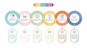 la línea de tiempo de plantilla infográfica de color horizontal numerada para seis posiciones se puede utilizar para flujo de trabajo, banner, diagrama, diseño web, gráfico de área vector