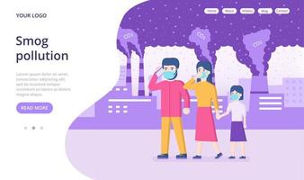 People in protective face masks walking down the street. Smog pollution. Landing page template. Vector illustration.