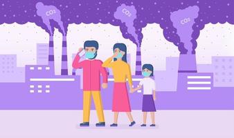 People in protective face masks walking down the street. Smog pollution. Vector illustration.