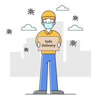 Safe delivery concept, a courier in the mask. Vector linear illustration in a flat style.