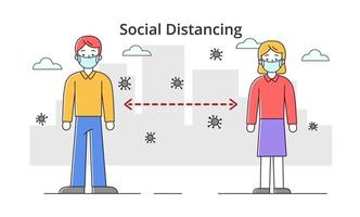 concepto de distanciamiento social. coronavirus. dos personas a la distancia con máscaras médicas. ilustración vectorial en un estilo lineal plano. vector