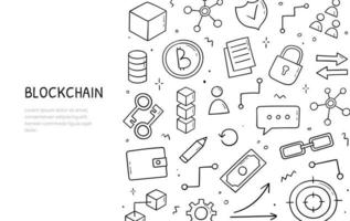 Doodle set of blockchain theme items. Horizontal banner template. Cryptocurrency concept in sketch style. Vector electronic commerce illustration.