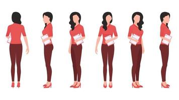 woman with office document flat character vector illustration created from different angles. women with office documents flat character vector set.