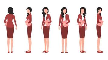 woman with office document flat character vector illustration created from different angles. women with office documents flat character vector set.