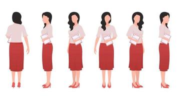 mujer con ilustración de vector de carácter plano de documento de oficina creada desde diferentes ángulos. mujeres con documentos de oficina conjunto de vectores de caracteres planos.