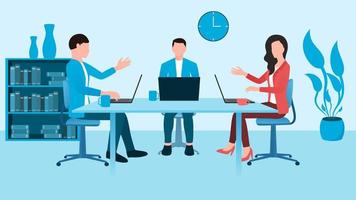 una discusión en equipo sobre la mesa de la oficina, ilustración de personajes de trabajo en equipo, ilustración de vectores de personajes de negocios sobre fondo blanco.