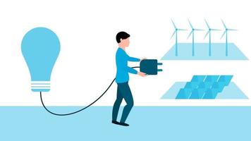 man connecting power plug to eco friendly energy sources, business character vector illustration on white background.