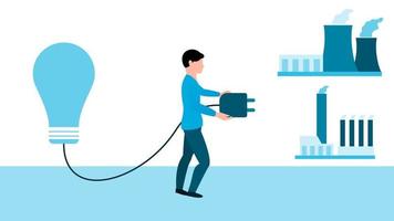 man connecting power plug to regular energy sources, business character vector illustration on white background.