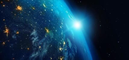 Earth from space at night with city lights and blue sunrise on stars background. 3d rendering. Elements of this image furnished by NASA photo