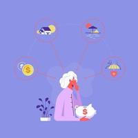 Pension savings and planning concept illustration with elderly woman, financial and accounting icons and symbols such as house, coins, insurance, vacation, etc. vector