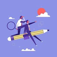 Career opportunity, investment or business vision, future forecast or discover new idea and inspiration concept, business team flying on pencil with binoculars to see opportunity vector