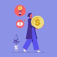 Saving and investing money concept, woman holding a big coin and choose between saving or investment, Future financial planning vector