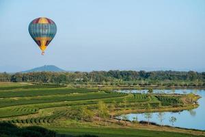 Hot air balloon flying over the green tea plantation field in countryside of Chiang Rai province, Thailand. photo