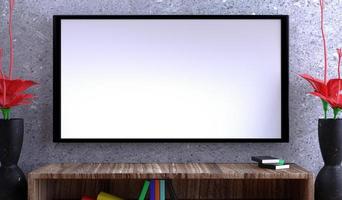 3D rendering white screen of smart TV  and accessory in the living room for copy space photo