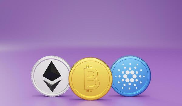 3D rendering Bitcoin Ethereum and Cardano ADA  top coin of cryptocurreny from front view photo