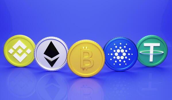 Cryptcurrency concept , Bitcoin , Ethereum , Cardano , Binance and Tether , The money of future alk of thing in the blockchain world photo