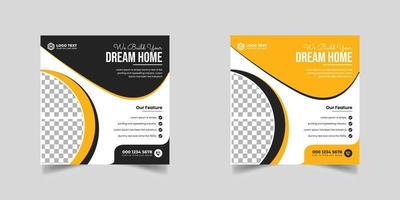 Construction renovation handyman home repair flyer and dream home social media post banner template or Square real estate flyer, vector