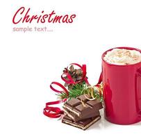 Christmas card with red coffee cup topped with whipped cream photo