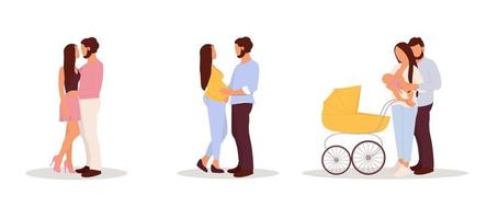 Relationship stages. Man and woman in anticipation of a child and on a walk with a stroller. Set of vector illustration