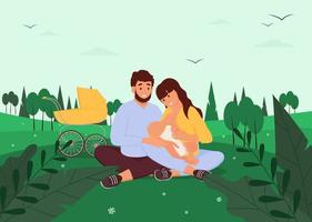 Mom and dad with a baby in the park. Vector illustration