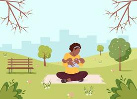 mujer afroamericana en el parque con un bebé recién nacido. ilustración vectorial