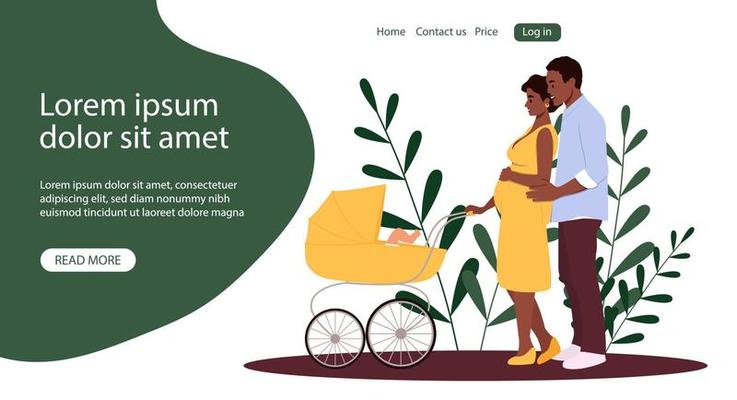 Vector banner or template with happy pregnant woman and man with a stroller. Happy parenting concept