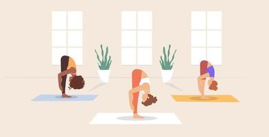 Group of women in padahastasana pose practicing yoga. Vector illustration for yoga, meditation, relaxation, rest, healthy lifestyle.