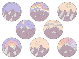 Vector illustration of mountain. Colorful hand drawn outline icon in circle frame. For print, web, design, decor, logo.