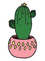 lindo cactus simple dibujado a mano. planta de interior en una maceta clipart. ilustración de cactus aislado sobre fondo blanco. garabato hogareño acogedor. vector