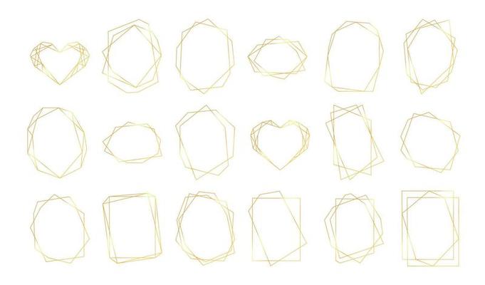 Set of golden geometric frames. Luxury polygonal frames, borders for decoration wedding invitations, greeting cards. Vector illustration isolated on white background
