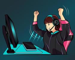 Young girl win in Online Video Game and cheer with hand up vector illustration free download