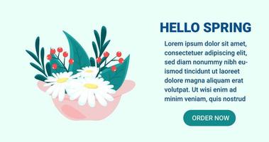 Daisy Flower banner. Hello Spring concept. Cute vector Illustration.