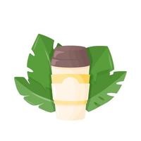 Papper Cup of Hot Coffee with green leaves. Vector Illustration isolated on white background. Decorative Design for Cafeteria, Posters, Banners, Cards.