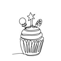 Cupcake in continuous one line style. Cute template in single line style for greeting cards. Contour line art design for t-shirt fashion print. vector