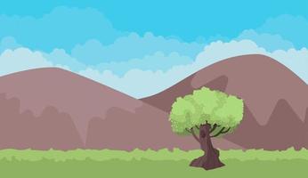 Vector illustration of beautiful summer landscape. mountains, fields, blue sky, clouds and green tree. Nature background in flat cartoon style.