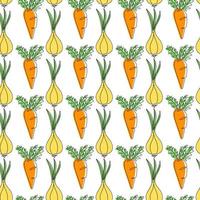 Onion and carrot seamless pattern on white background. Organic vegetable vector illustration. Endless repeatable print.