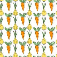 Onion and carrot seamless pattern on white background. Organic vegetable vector illustration. Endless repeatable print.