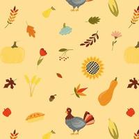 Happy Thanksgiving Day seamless pattern with holiday objects in flat style. Background with pumpkin, turkey, pie in pastel color. Vector illustration for design, fabric or wrapping paper