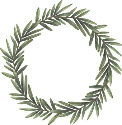 Watercolor wreath of green tropical branches. Hand painted floral circle border with tree branches isolated on white background.